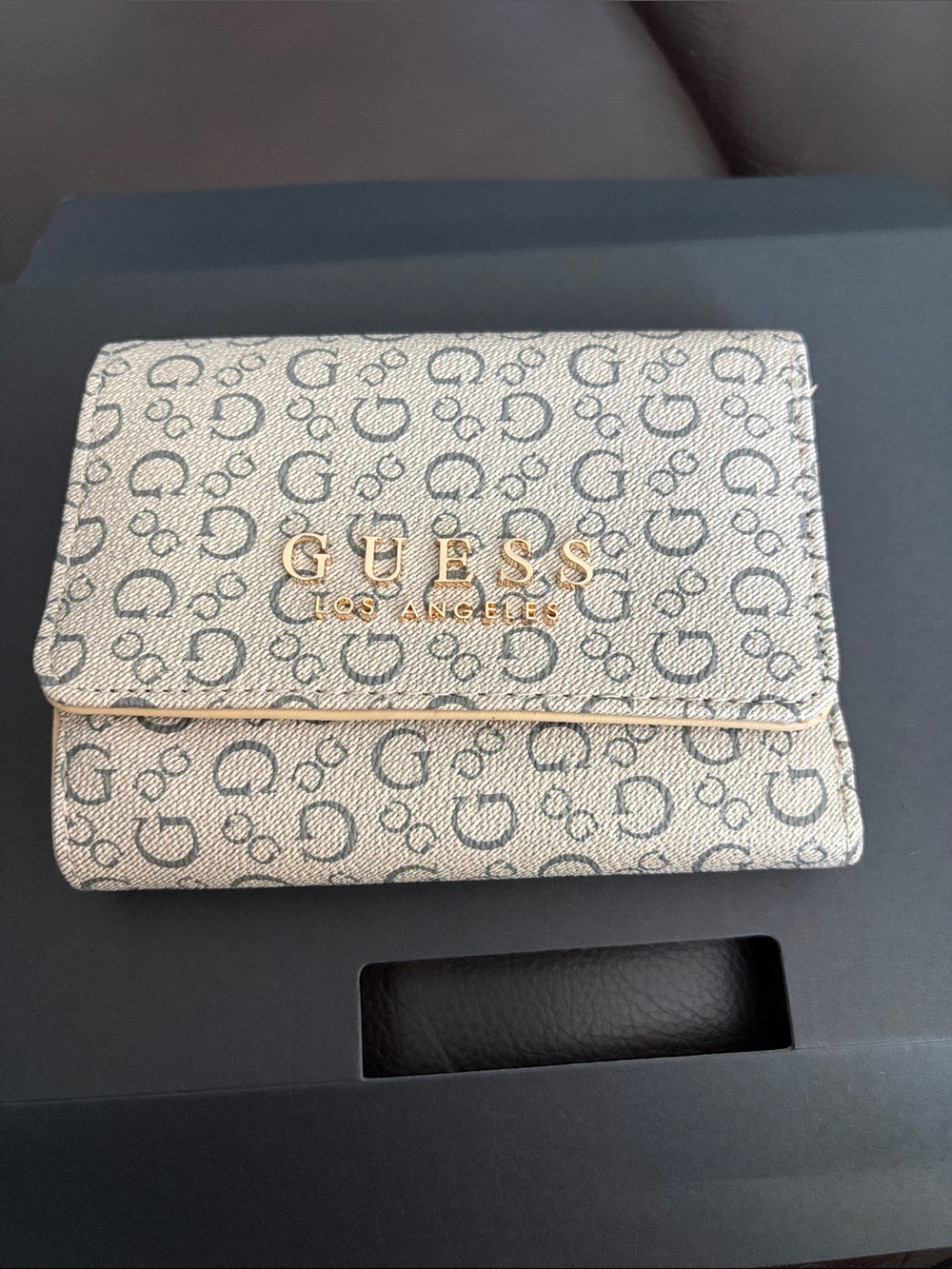 Guess Beige Monogram Trifold Wallet with Gold Logo Accents